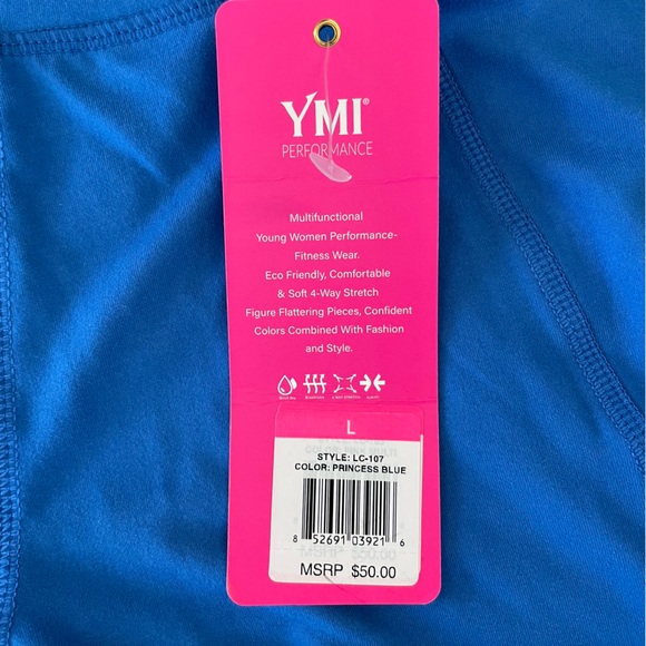 YMI Performance Leggings, Princess Blue with navy blue mesh inserts, NWT, L - Picture 3 of 5